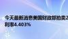 今天最新消息美国财政部拍卖220亿美元30年期国债，得标利率4.403%