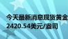 今天最新消息现货黄金涨幅扩大至2%，现报2420.54美元/盎司