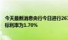 今天最新消息央行今日进行2673亿元7天期逆回购操作，中标利率为1.70%